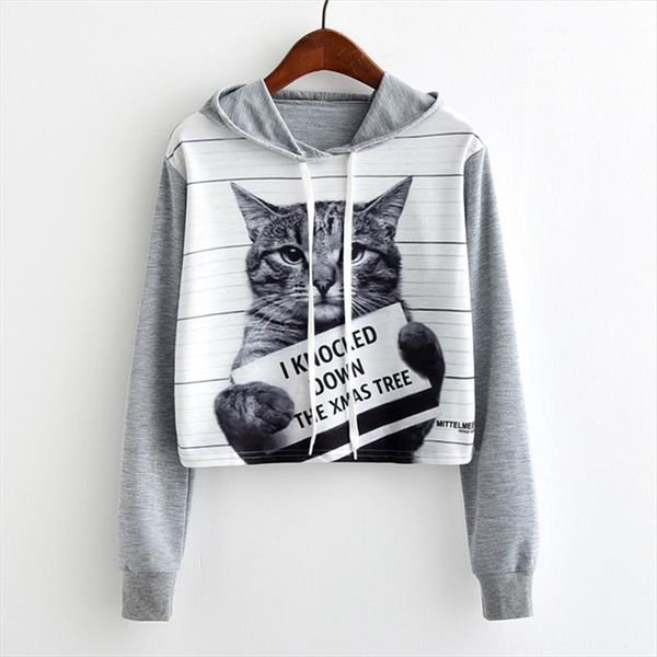 

women fashion harajuku hoodies sweatshirt casual long sleeve pullover cute cat print gray crop for autumn winter, Black