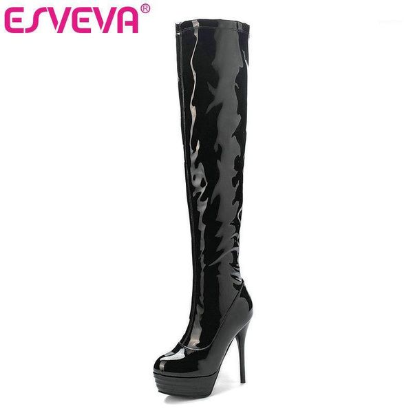 

boots esveva 2021 women over the knee winter thin high heel flock slip on motorcycle platform size 34-431, Black