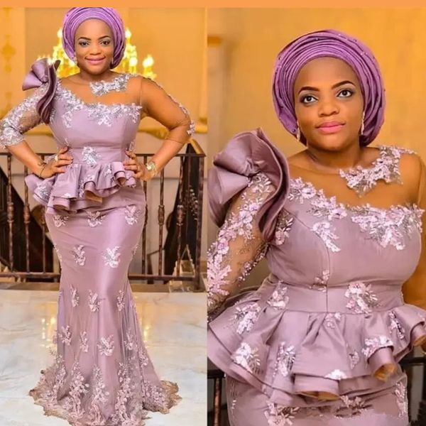 

african plus size evening dresses sheer neckline 3/4 long sleeves ruffles mermaid prom dress appliques peplum dubai cocktail party gowns, Black