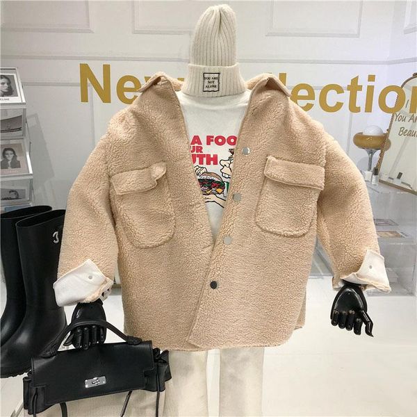 

women's lambswool lady autumn / winter 2020 new pockets blouse fashion loose fur integrated plush warm coat long sleeve, Black