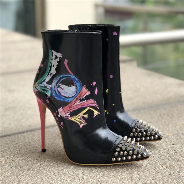 

2020 fashion print ankle boots for women pointed toe rivets studded high heel boots female stiletto botas mujer, Black