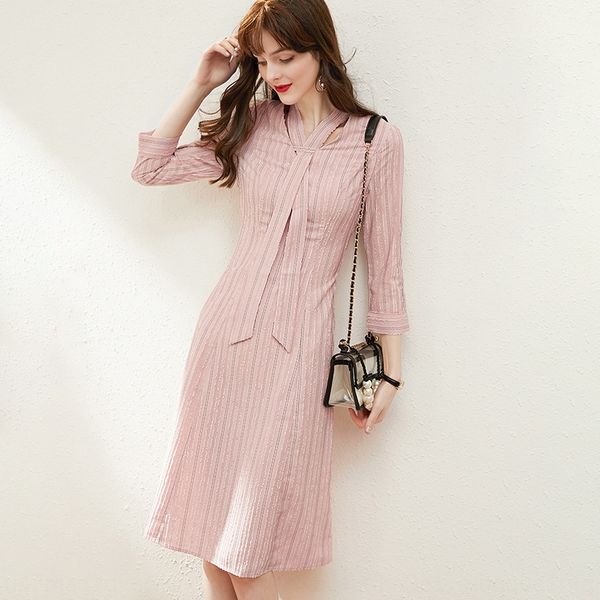 

1941506-2020 spring new french style striped slimelegant and fashionable mid length dress 1941506-2020 spring new french style striped long, Black;gray