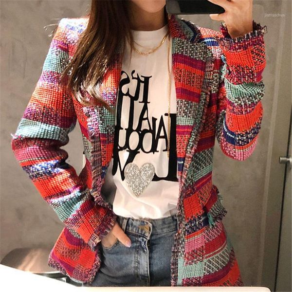 

ewq] autumn vintage red plaid tweed blazer coat women single button tassel jacket winter casual femme outwear suits outwear1, White;black