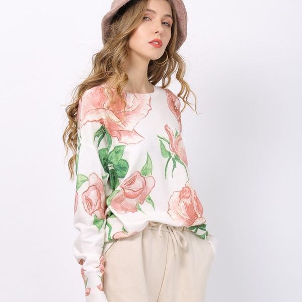

women's sweaters rose floral print knitted sweater for women winter warm long batwing sleeves pullovers oversized white jumper 1, White;black