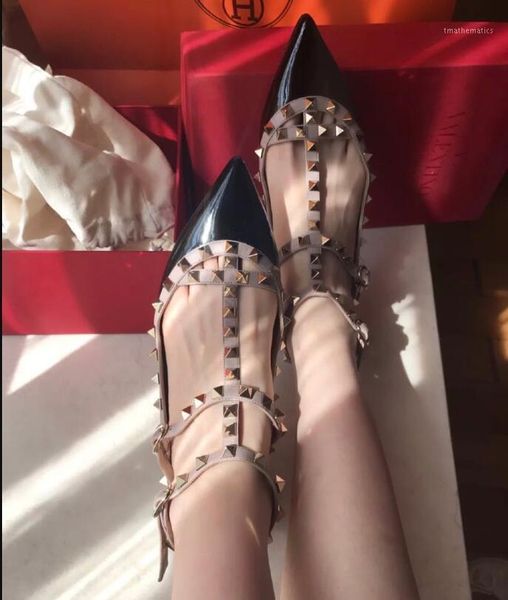 

women sandals flat shoes classic brand v right women's sandals real leather rivets women wedding shoes pointed toe 34-431, Black
