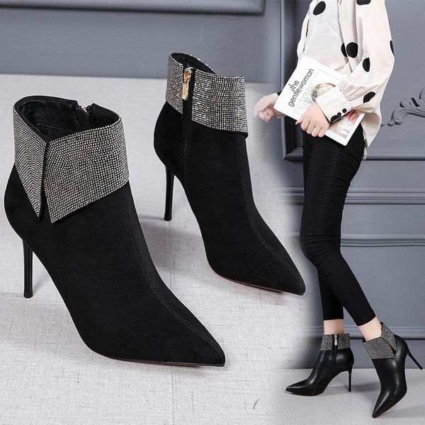 

fashion short boots for women shoes autumn pointed toe pu warm ankle boots for women crystal thin heels pumps high heels, Black