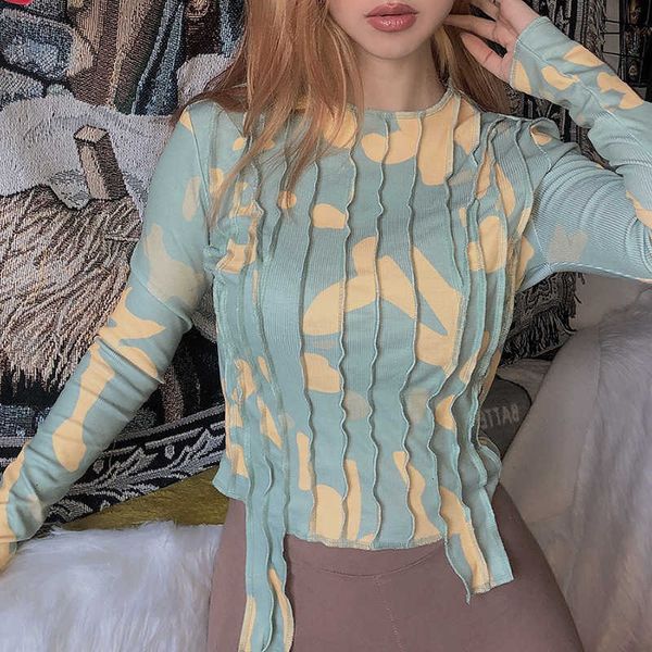 

print women t shirt patchwork long sleeve o neck slim streetwear tees lady fashion striped outfits 2021 autumn new, White
