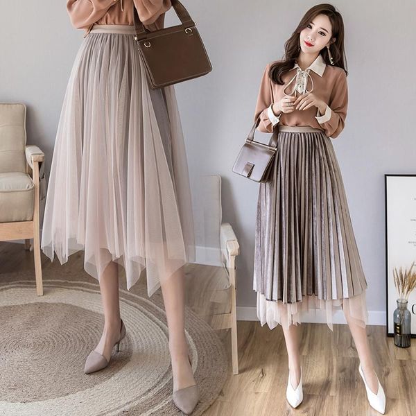 

skirts tingyili two sides wear mesh velvet skirt long autumn winter irregular tutu black gray coffee beige tulle womens