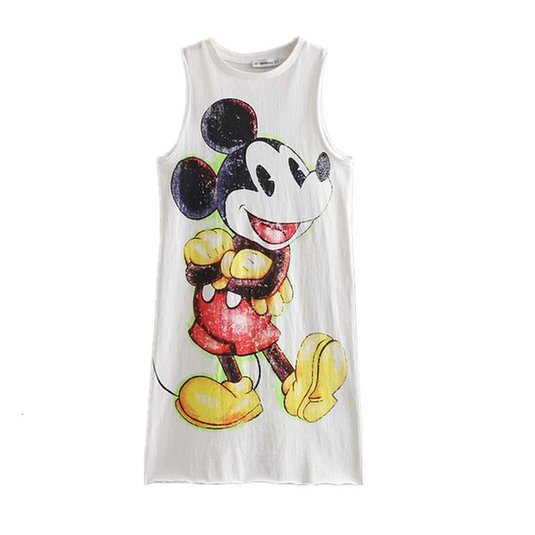 

2021 new vintage doodle pattern cartoon design shirt white cotton sleeveless neck-down long t-shirt women p97y