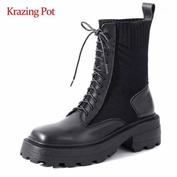 

krazing pot large size knitting boots natural leather cross-tied round toe thick high heel lace up young girls ankle boots l671, Black