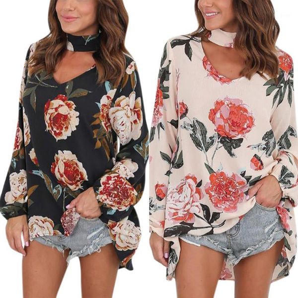 

2020 autumn v neck shirts halter womens long sleeve chiffon blusas casual loose floral printed blouse1, White