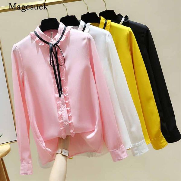 

early autumn long sleeve bow tie chiffon blouse women o-neck solid splicing cardigan slim shirts blusas mujer de moda 11512, White