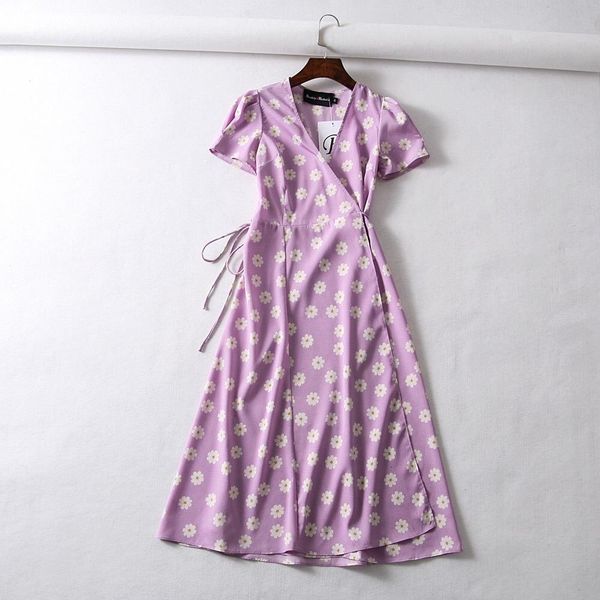 

vintage flower dot print wrap dress women short sleeve chiffon beach dress korean v neck party midi dress casual boho vestidos, Black;gray