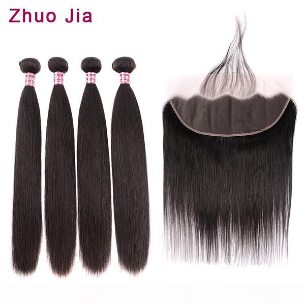 

brazilian hair weave bundles with frontal zhuojia straight hair 4 bundles with closure human hair bundles with frontal, Black;brown
