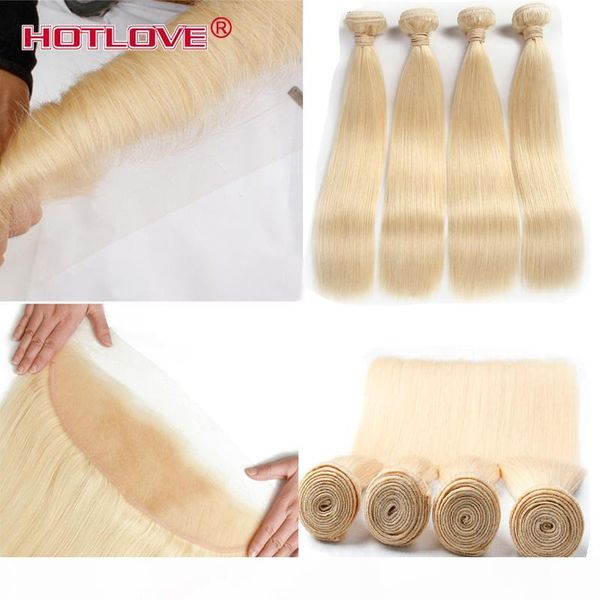 

ove 613 hair straight 4 bundle with lace frontal closure 13*4 inch brazilian virgin straight 613 light blonde human hair extensions, Black;brown