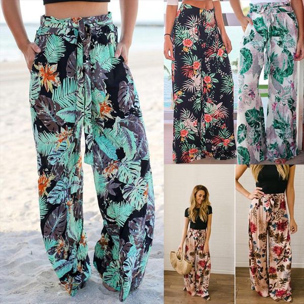 

2020 summer new womens frenum pocket flower belt leisure comfortable straight tube sandy beach trousers wide legged trousers, Black;white