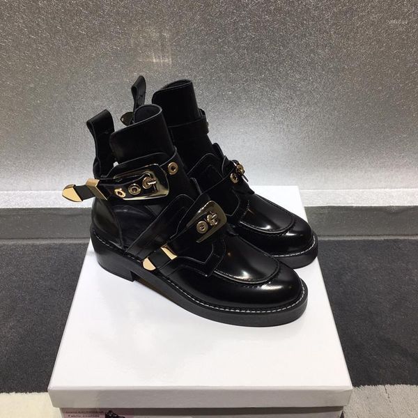 

patent leather women's boots buckle round toe women's boots metal decorative motorcycle zapatos de mujer1, Black