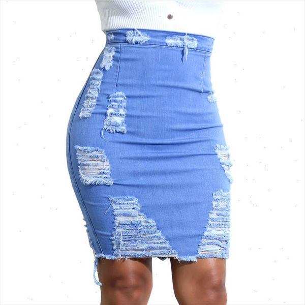 

high waist denim skirt women fashion ripped hole elasticity bodycon pencil skirt summer mini jeans ladies, Black