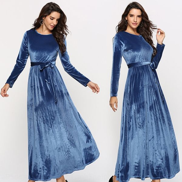 

women's new solid color round neck high waist lace-up long skirt gold velvet dress long dress jgifc, Black;gray