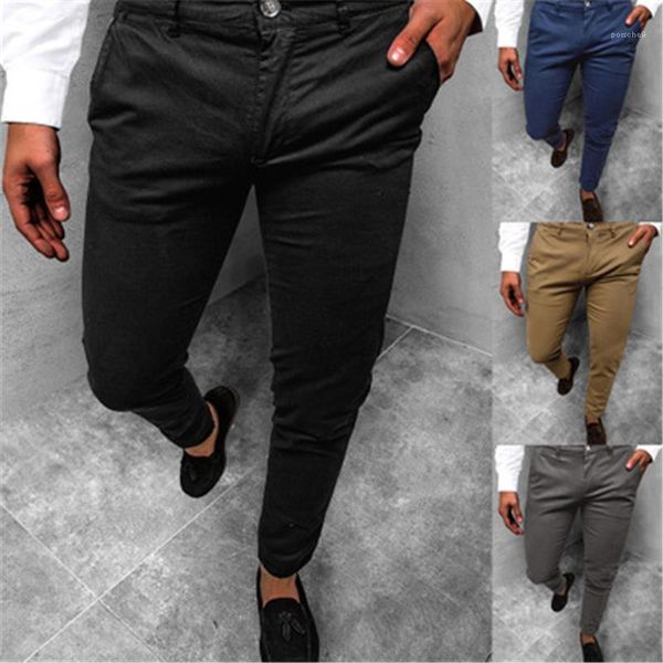 

new business casual skinny trousers mens solid color slim pants fashion trend zipper buttons middle waist pencil pants spring male, Black