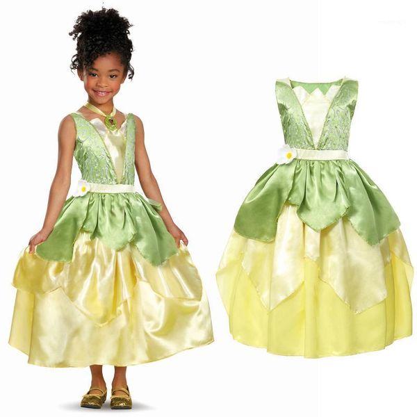 Verão tiana fantasia vestido menina princesa e o traje de sapo crianças floral vestido verde crianças halloween parth fantasia vestido cosplay1