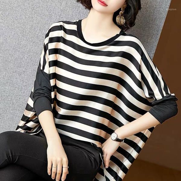 

western style age-reducing imitation silk bottoming shirt women's spring new fashion loose striped plus size lazy wind1, White