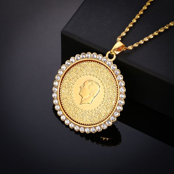 

never faded big size turkey coin pendant & necklaces with shiny crystal for women gold color turkish coins jewelry ethnic gifts, Silver