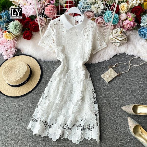 

casual dresses ly varey lin summer solid hollow out dress a line turndown collar short sleeve high waist medium, Black;gray