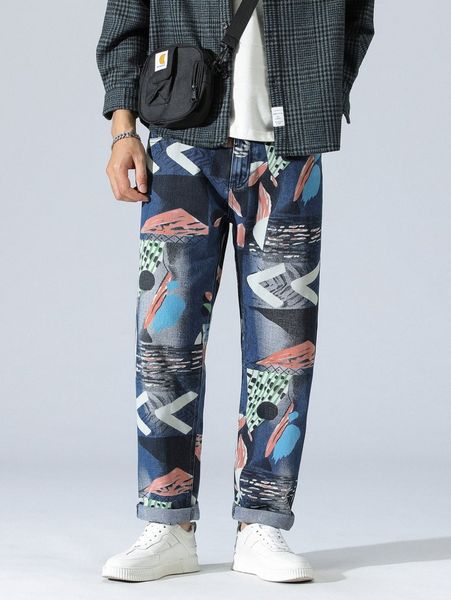 

men random geo print jeans r5ys#, Blue
