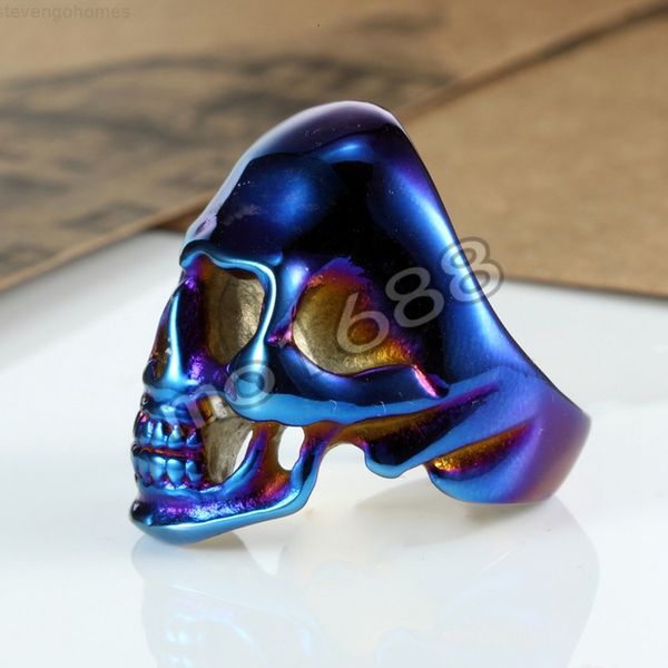 

mens gothic blue biker bright skull death 316l stainless steel band, Golden;silver