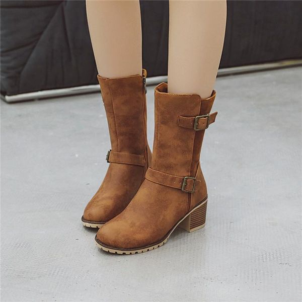 

boots ymechic 2021 autumn winter buckle strap ankle block chunky high heels black brown yellow womens shoes bootie footwear