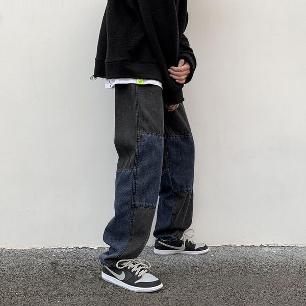 

2021 men's brem spring and fall new contrast male seam in fashionable jeans washed baggy pants bjnp, Blue