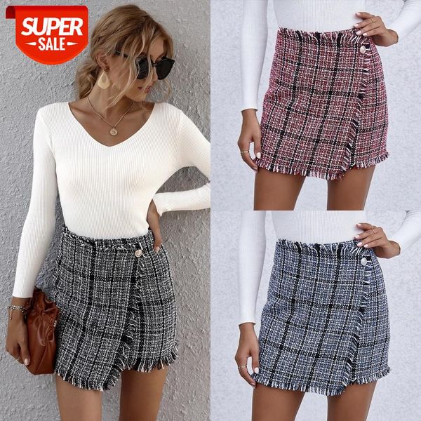

women fashion wild plaid mini skirt autumn trendy buttons high waist raw hem slim pencil skirt for daily party shopping wear #qf8e, White;black