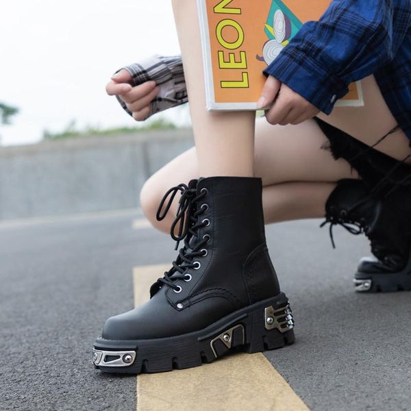 

genuine leather women ankle boots women's motorcycle boot platform punk style ladies chunky shoes metal decor black size 37 38