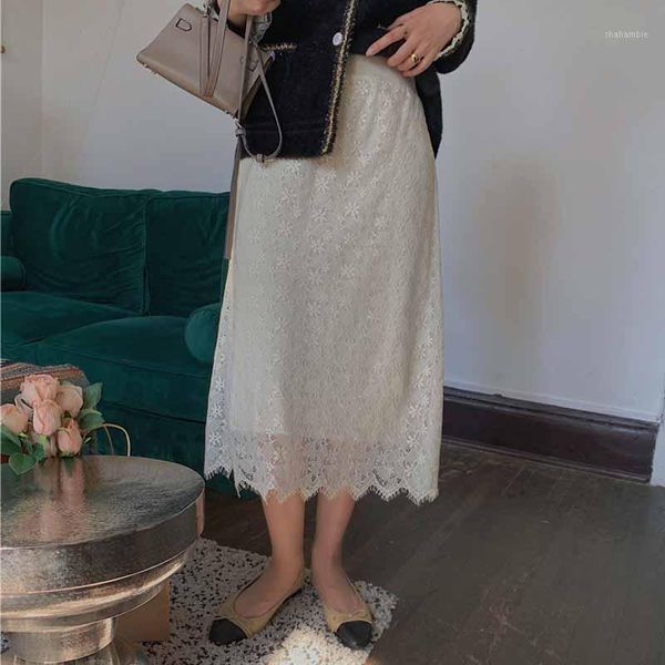 

elastic high waist lace skirts womens spring autumn 2020 new korean elegant casual a-line solid color long skirt female1, Black
