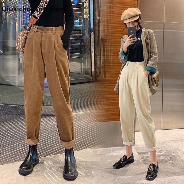 

brown corduroy pants women autumn winter vintage elastic high waist harem pants plus size casual black trousers pantalon femme, Black;white