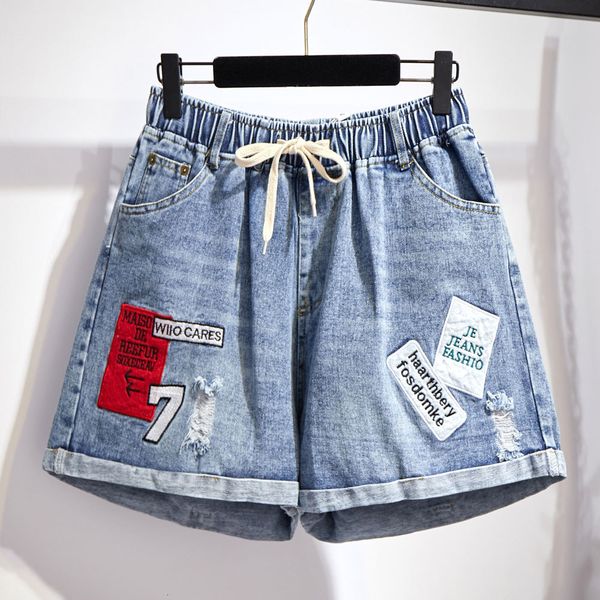 

2021 new 2xl-6xl plus summer women's denim large size wide leg high waisted hole shorts elastic waist jeans for women y353 hca5, Blue