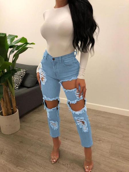 

fashion streetwear hole jeans for women high waist jeans woman pencil pants1, Blue