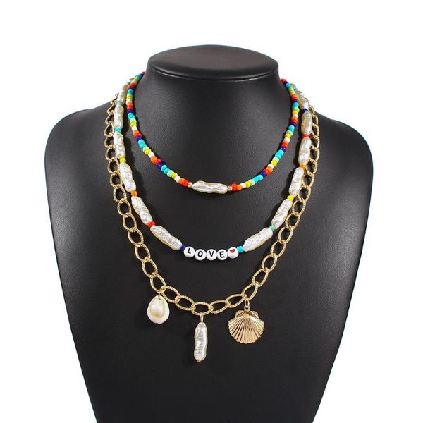 

3pcs/set layered bohemian beaded necklace for women girls seashell boho beaded necklace choker bohemia summer holiday jewelry, Golden;silver