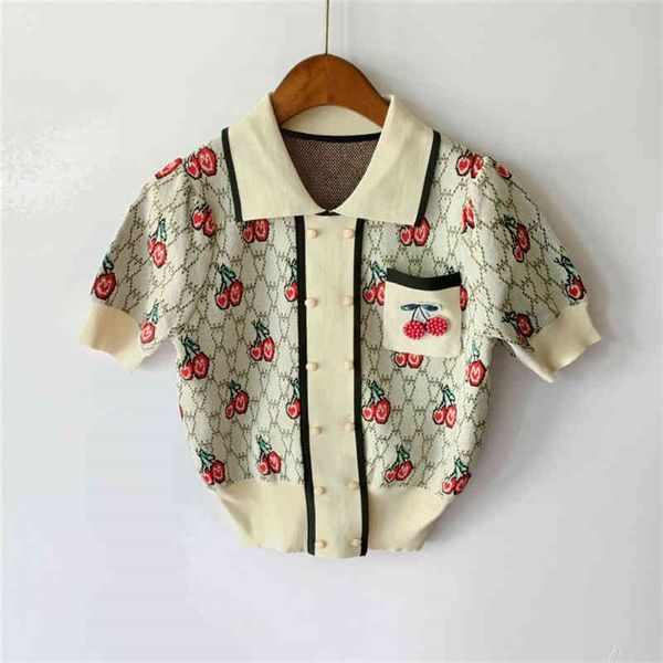 

summer new curved bead pocket beaded cherry heart double breasted lapel pullover women's short sleeve, White