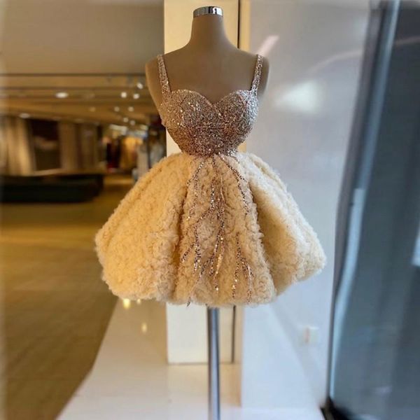 

party dresses champagne ruffles tulle cocktail spaghetti sequins beaded short prom dress zipper back formal, White;black