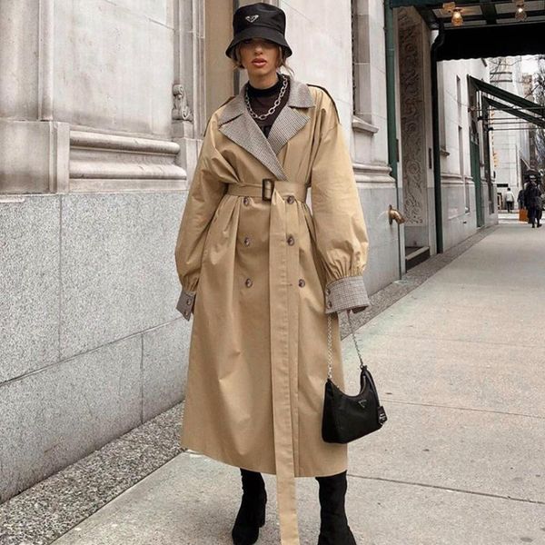 

autumn and winter 2021 new coat lace up splicing long sleeve waist windbreaker women's long coat women clothes, Tan;black