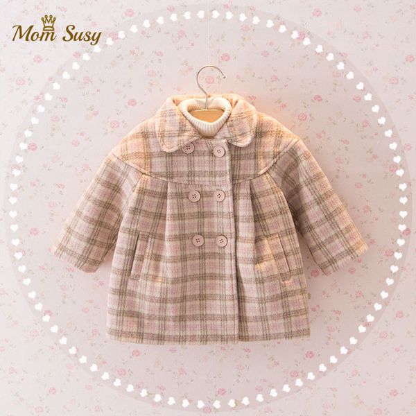 

baby girl woolen jacket plaid long double breasted warm infant toddle lapel tweed coat spring autumn winter baby outwear clothes 0930, Blue;gray