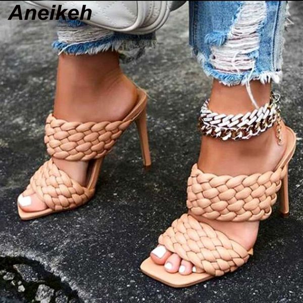 

aneikeh new square to peep toe high heel slippers summer fashion slip on thin heels outdoor slides women muls pumps size 42 x1020, Black