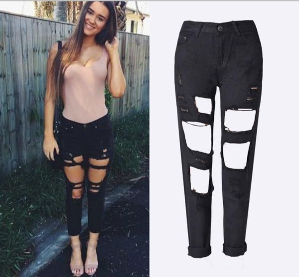 

women's jeans oh black ripped women fashion hole hollow out loose feminino waist straight boyfriend femme1, Blue