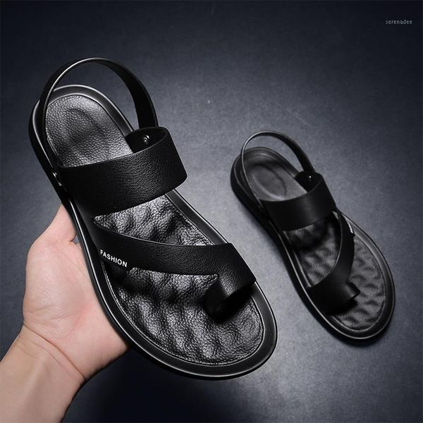 

men sandals quality genuine leather male outdoor beach sandals slippers soft comfortable rubber sole men's beach1, Black