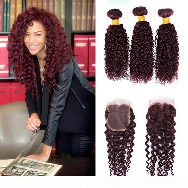 

kinky curly with 4x4 lace closure 7a brazilian virgin hair extensions brazilian weave 3 bundles curly wave virgin hair 99j wave human hair, Black;brown