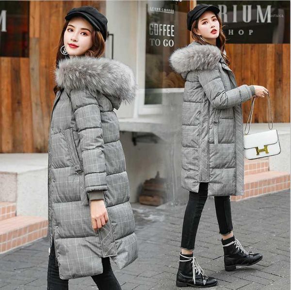 

new winter plaid down parka coat women sustans jacket long thick coat fur collar wide-waisted fashion loose1, Black