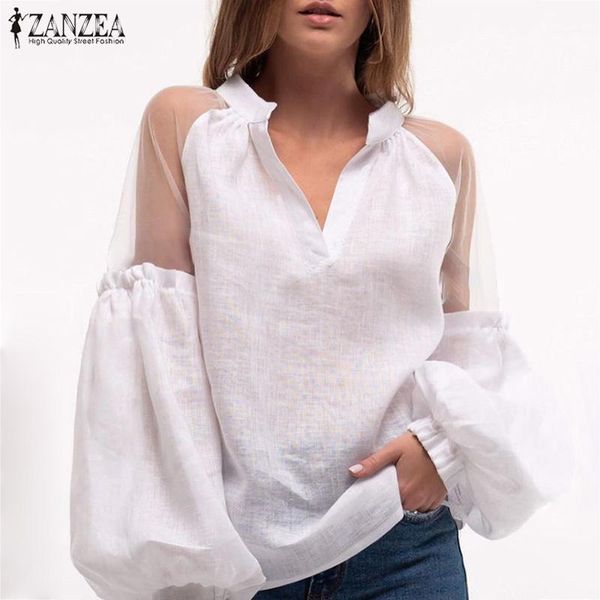

zanzea 2020 fashion women blouse lace lantern sleeve shirts patchwork v neck work white tunic blusas chemiser mujer1