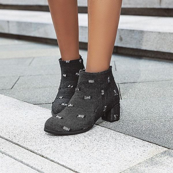 

women's boots autumn zipper pointe shoes booties ladies round toe boots-women pointy large size ankle cowboy high heel rubber, Black